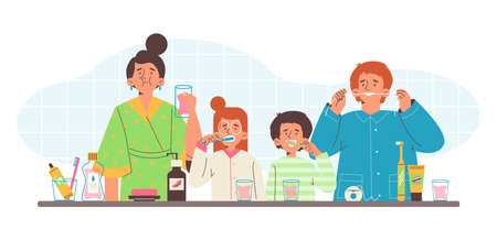 Family brushing teeth together flat style, vector illustrationのイラスト素材