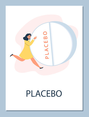 Woman hugging big placebo pill, medical poster - abstract flat vector illustration.のイラスト素材