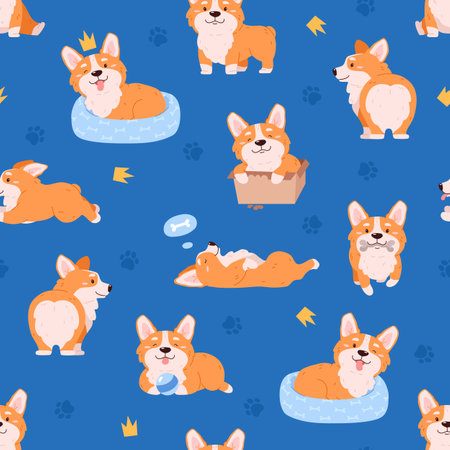 Seamless decorative pattern with Welsh Corgi flat vector illustration.のイラスト素材
