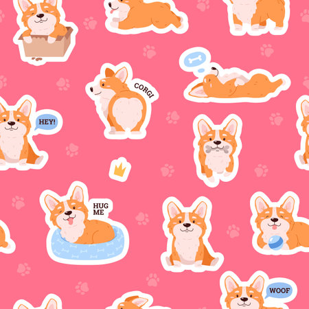 Seamless endless pattern design with Corgi breed dog, flat vector illustration.のイラスト素材