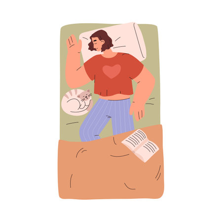 Cute sleeping woman with cat and opened book top view flat styleのイラスト素材