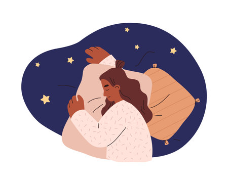 Smiling woman sleeping on side hugging pillow top view flat styleのイラスト素材