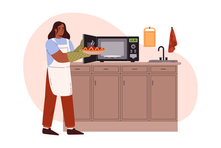 Smiling woman in kitchen gloves takes cake out of microwave oven flat styleのイラスト素材
