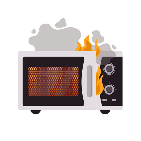 Broken microwave oven with fire and smoke flat styleのイラスト素材