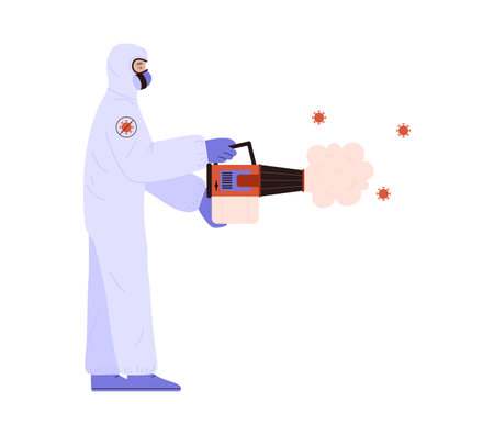 Person in hazmat suit using professional tool to disinfect viruses, flat vector illustration isolated on white background.のイラスト素材