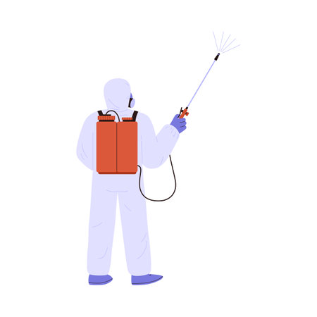 Person in hazmat suit spraying disinfection liquid, flat vector illustration isolated on white background.のイラスト素材