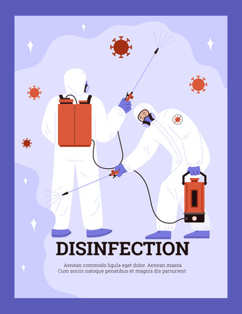 Disinfection service advertising poster, men in hazmat suit spraying disinfectant, flat vector illustration.のイラスト素材