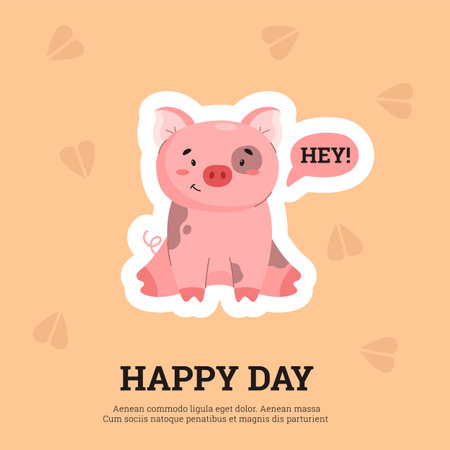 Squared banner with sitting smiling pig saying hey flat styleのイラスト素材