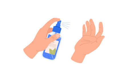 Human hands spraying antiseptic from blue plastic bottle flat styleのイラスト素材