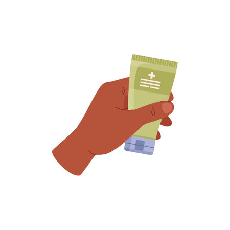 Human hand holding green tube with antiseptic flat styleのイラスト素材