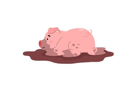Funny pig lying in mud puddle, cartoon flat vector illustration isolated on white background.のイラスト素材
