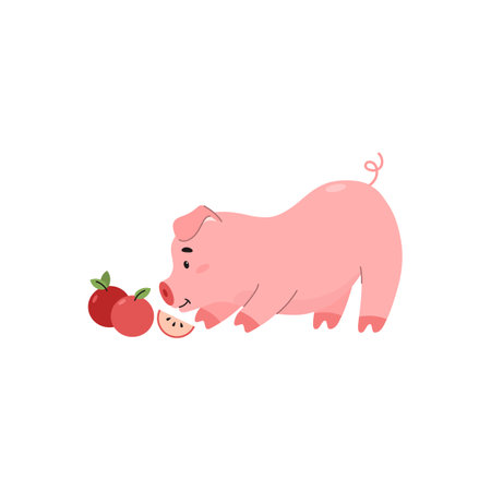 Funny and cute pig eats apples, cartoon flat vector illustration isolated on white background.のイラスト素材