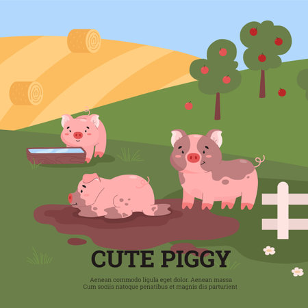 Group of cute and funny pigs playing in mud puddle, poster with text - cartoon flat vector illustration.のイラスト素材