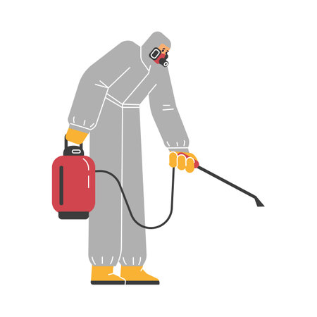 Pest control service worker with chemical spray canister, flat vector isolated.のイラスト素材