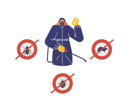 Pest control specialist showing okay gesture flat style, vector illustrationのイラスト素材