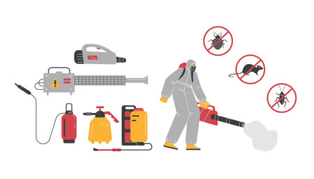Pest control tools and specialist in protective suit flat styleのイラスト素材