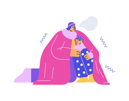 Freezing woman hugging sad child flat style, vector illustrationのイラスト素材