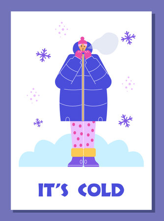 Cold winter poster, woman in warm coat and hat freezing outside - flat vector illustration.のイラスト素材