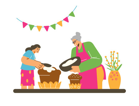 Little girl cooking Easter cake together with granny, flat vector illustration isolated on white background.のイラスト素材