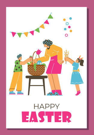Happy Easter greeting card, mother and kids arranging basket with decorated eggs and flowers, flat vector illustration.のイラスト素材