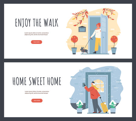 Set of website banner templates about people and doors flat styleのイラスト素材