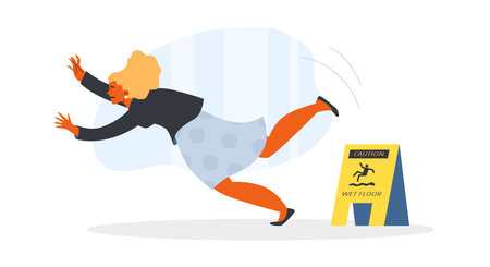 Frightened woman falling down in front of wet floor caution sign, flat vector illustration isolated on white background.のイラスト素材