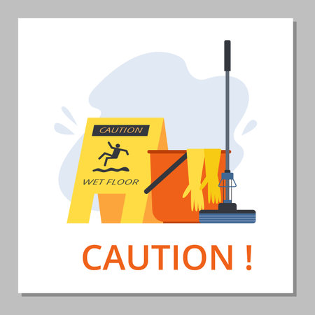 Wet floor caution yellow sign, janitor equipment - bucket and mop, flat vector illustration.のイラスト素材