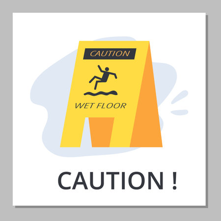 Squared banner with yellow triangular caution sign about wet floor flat styleのイラスト素材