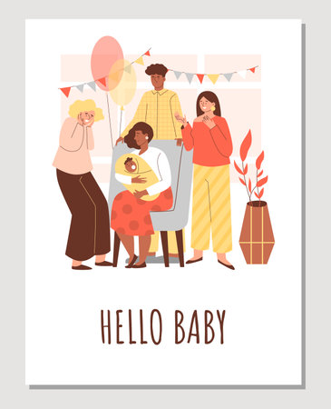 Baby birth greeting card or party invitation design, flat vector isolated.のイラスト素材