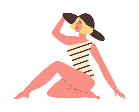Beautiful blond woman in swimsuit and sun hat, flat vector illustration isolated.のイラスト素材