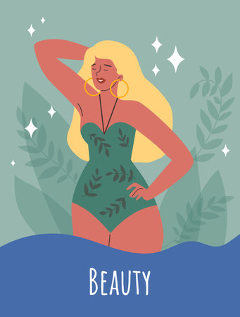 Poster or vertical banner with standing blonde woman in swimsuit flat styleのイラスト素材