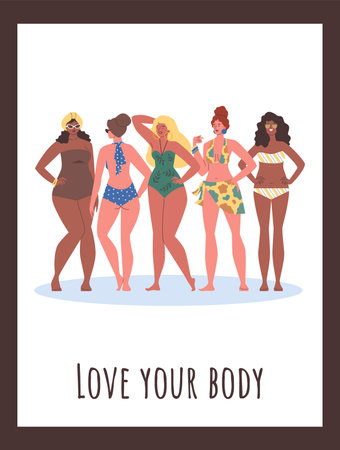 Poster or vertical banner with happy women in swimsuits flat styleのイラスト素材