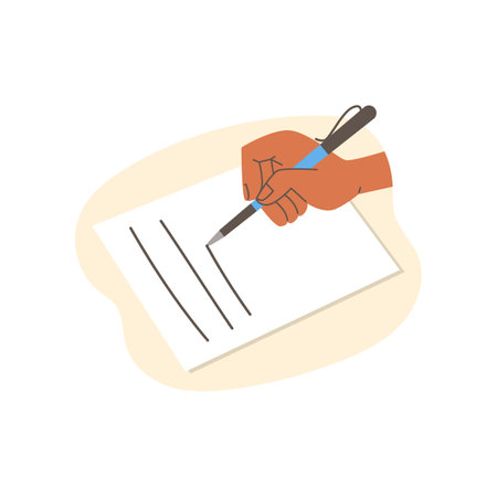 Human hand holding pen above paper flat style, vector illustrationのイラスト素材