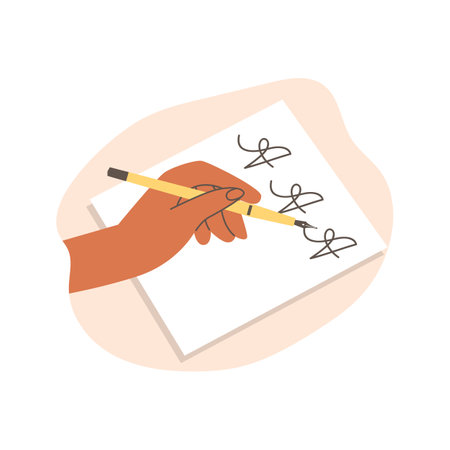 Hand holding pen above paper with written letters flat styleのイラスト素材