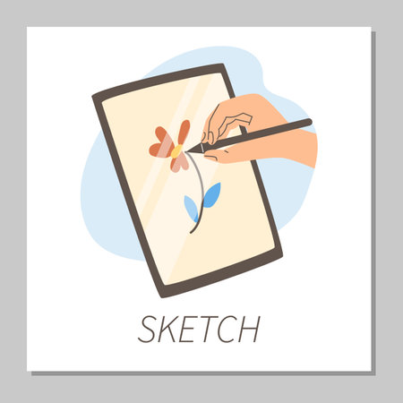 Squared banner with hand holding stylus for tablet flat style, vector illustrationのイラスト素材