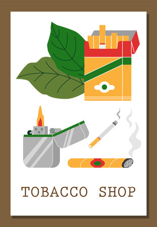 Tobacco shop advertising banner or poster template, flat vector illustration.のイラスト素材