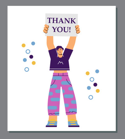 Woman holds sign with thank you text, poster template - flat vector illustration.のイラスト素材