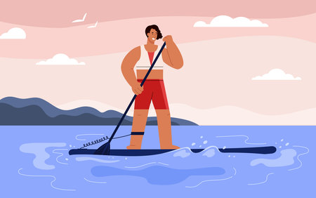 Happy woman paddling on board in the sea, flat vector illustration.のイラスト素材