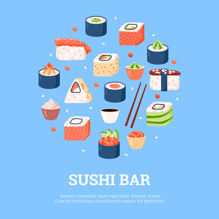 Sushi bar advertising poster, flat vector illustration.のイラスト素材