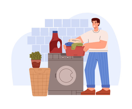 Happy man doing laundry, flat vector illustration isolated on white background.のイラスト素材