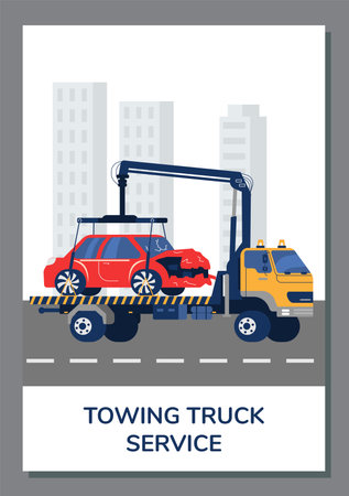 Poster or vertical banner about towing truck service flat styleのイラスト素材