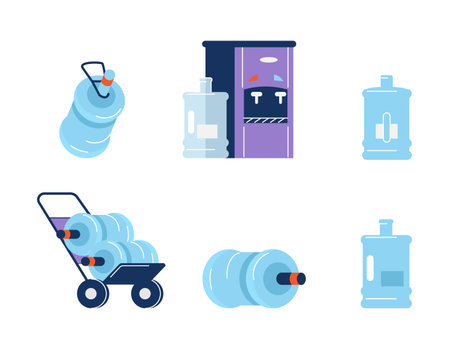 Water bottle set, gallons of clean and purified aqua - flat vector illustration isolated on white background.のイラスト素材