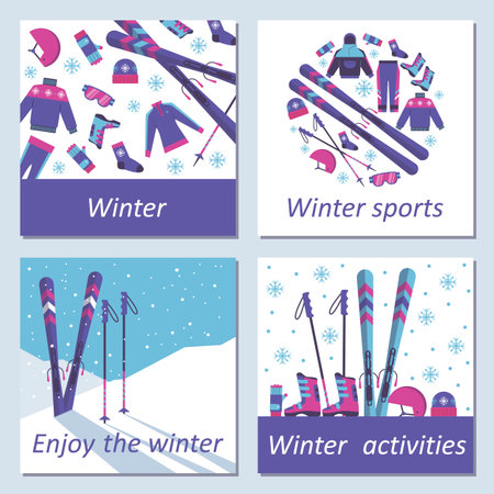 Winter sports and activities posters set, flat vector illustration.のイラスト素材