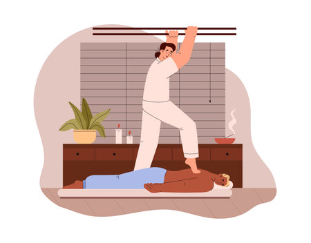 Massage therapists massaging client back with legs, flat vector illustration isolated on white background.のイラスト素材