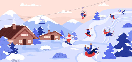 Happy people relaxing at ski resort flat style, vector illustrationの写真素材