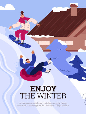 Happy people snowboarding and riding tubing on snowy downhill, poster template - flat vector illustration.のイラスト素材