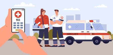 Smiling ambulance emergency specialists standing near car with cross sign flat styleのイラスト素材