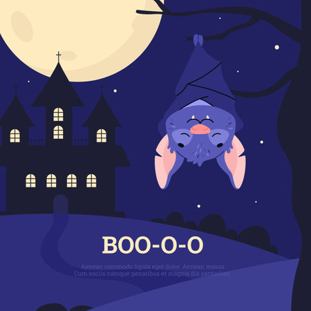 Squared banner with smiling hanging upside down on tree bat flat styleのイラスト素材