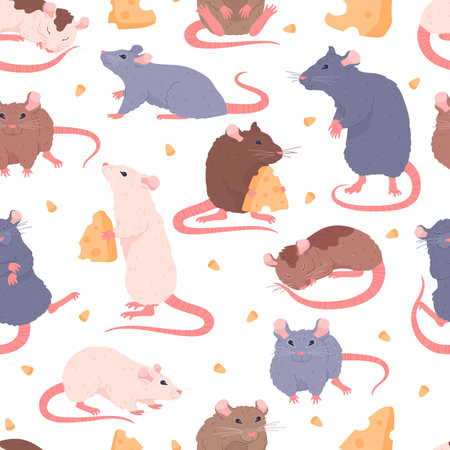 Cute rat animals seamless pattern, cartoon flat vector illustration on white background.のイラスト素材