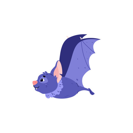 Happy bat flying, cute Halloween character - cartoon flat vector illustration isolated on white background.のイラスト素材
